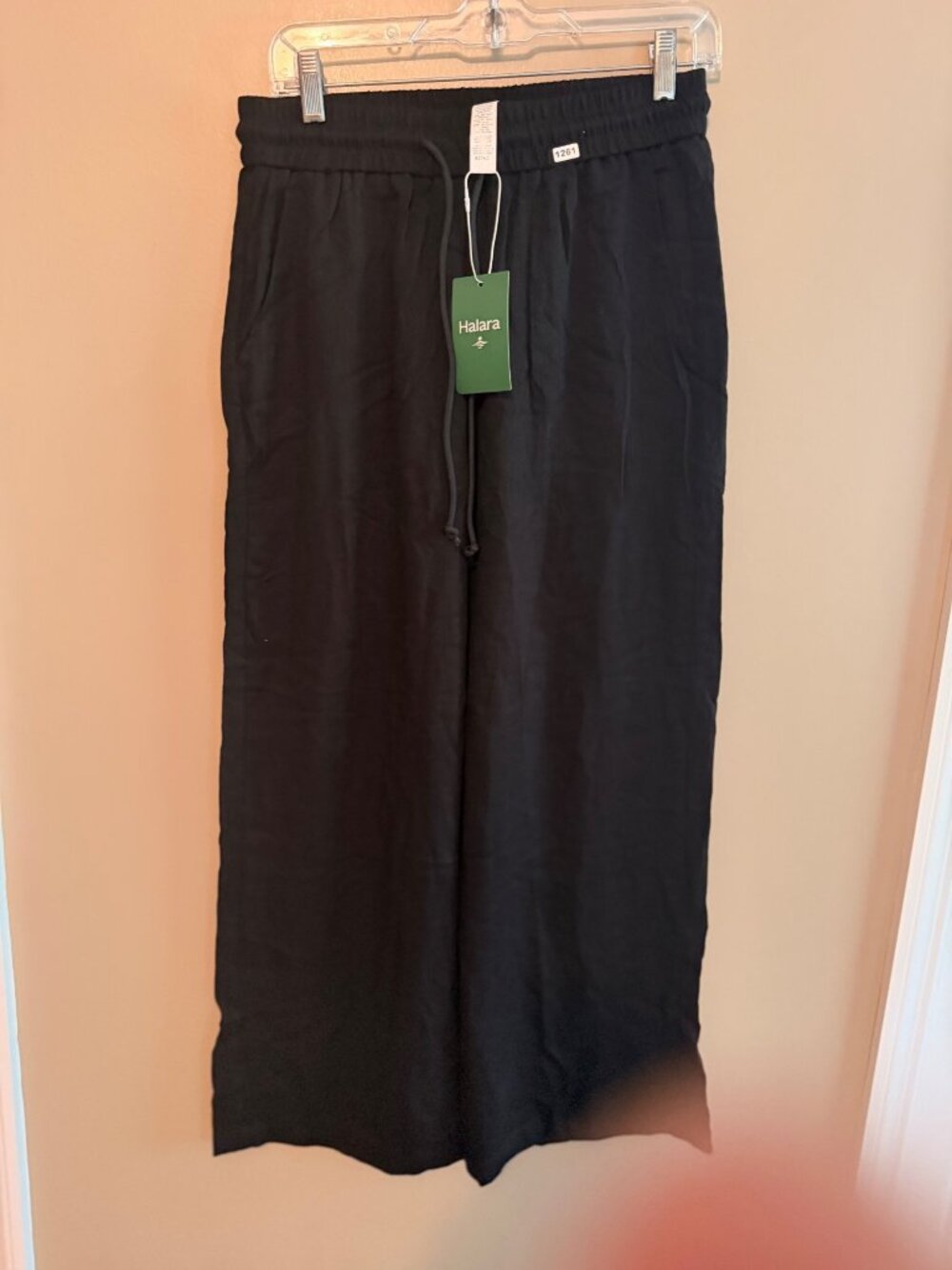 Halara Womens MP Medium Petite Black Wide-Leg Pants M Linen-Blend Elastic Waistb